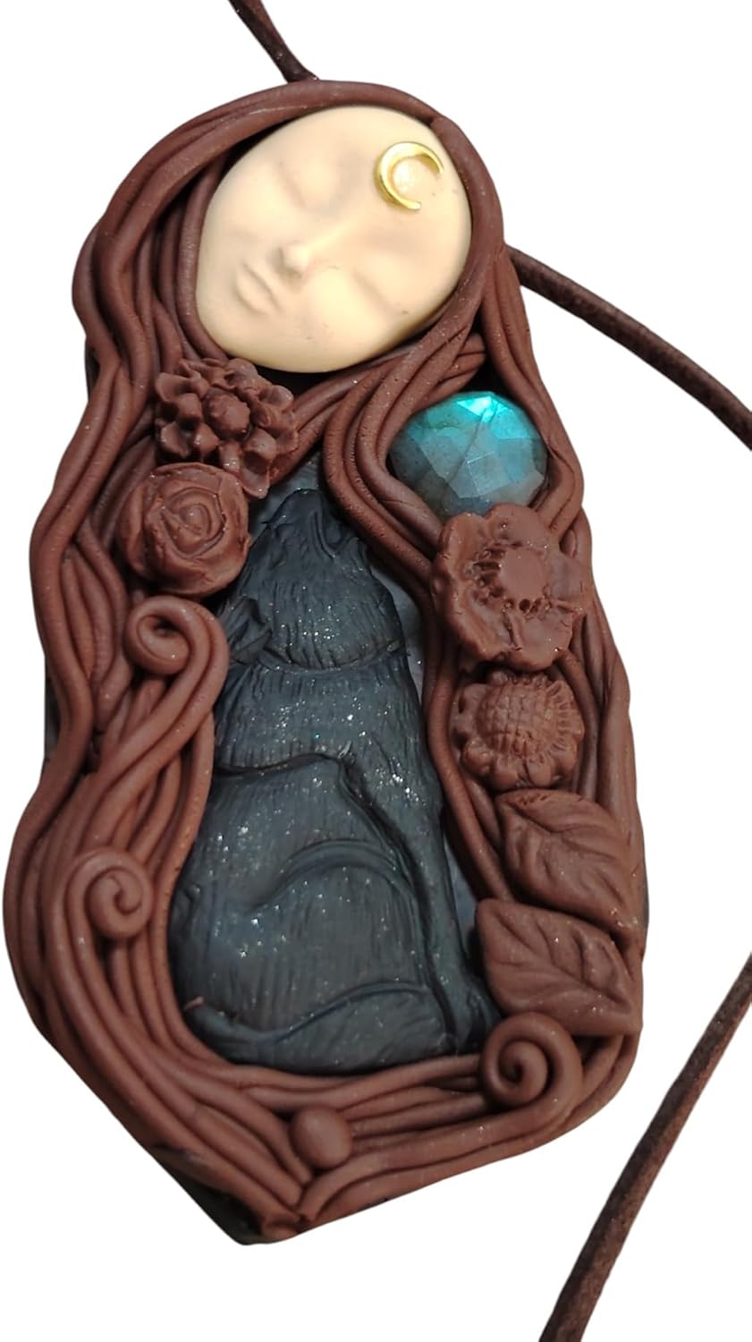 | Freya and The Howling Wolf Necklace | Norse Pagan Goddess Statue Figurine | Moonstone and Labradorite | Freyja, Asatru, Viking, Valkyrie Jewelry