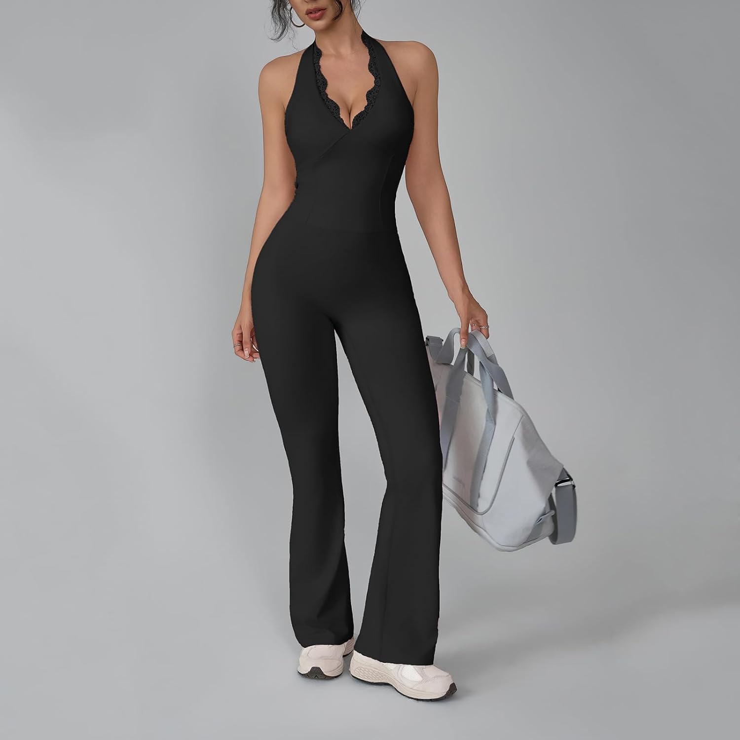 Women Workout Scrunch Flare Jumpsuits Lace Deep V Hanging Neck Halter Backless Butt Lift Gym Yoga Jumpsuits - Image 6