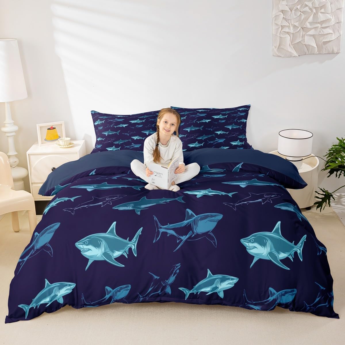Sharks Bedding Set, Large Reef Shark Duvet Cover, Deep Ocean Animal Quilt Cover for Kids Boys Girls, Rodents Wild Marine Life Hawaiian Comforter Cover Child Room Décor 3Pcs Queen Size Navy Blue - Image 2