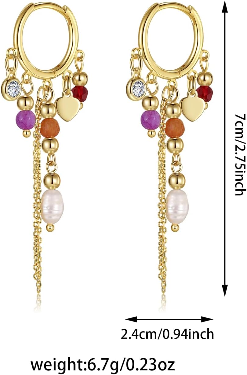 GZQ Bohemian Tassel Hoop Earrings for Women,Colorful Beaded Pearl Dangle Jewelry Fashion Statement Accessory for Gift Daily Wear Party Date, Lightweight 2.75in - Image 4