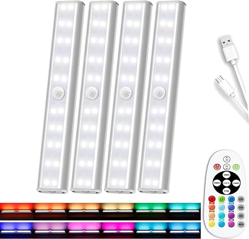 Miniatura 8 de Luces inalámbricas para debajo del gabinete, 58 luces LED recargables con sensor de movimiento con control remoto, luces RGB que cambian de color