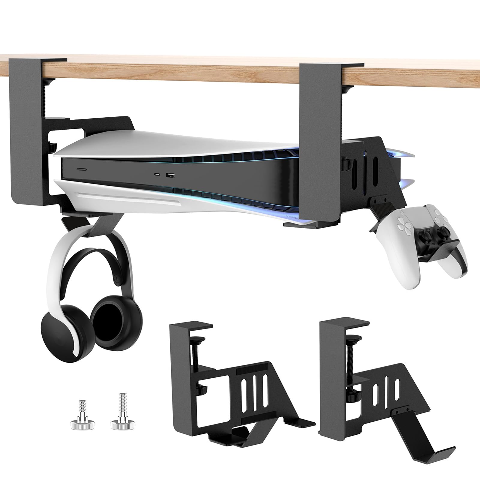 PS5 Halterung unterm Tisch, Metal Under Desk Mount für PS5 Pro, PS5 Slim Stealth Mount, Untertischhalterung für PS5 Pro/PS5 Slim/PS5 Disc & Digital Edition Zubehör mit Klemmhalterung & Schraube