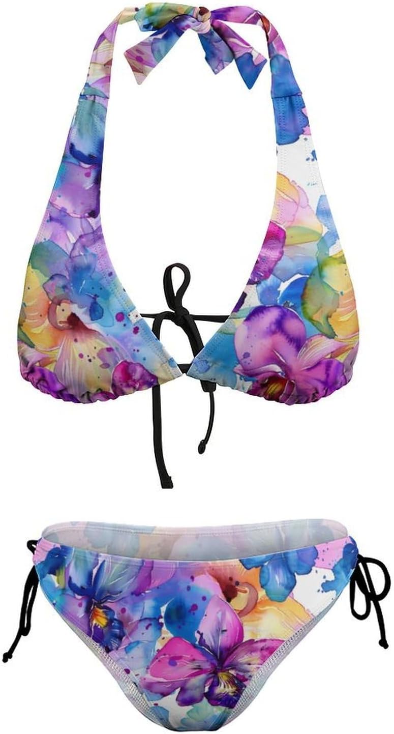 Watercolor Orchid Floral Novelty Women's 2 Piece String Bikini Set Swimsuits Bathing Suit Swimwear