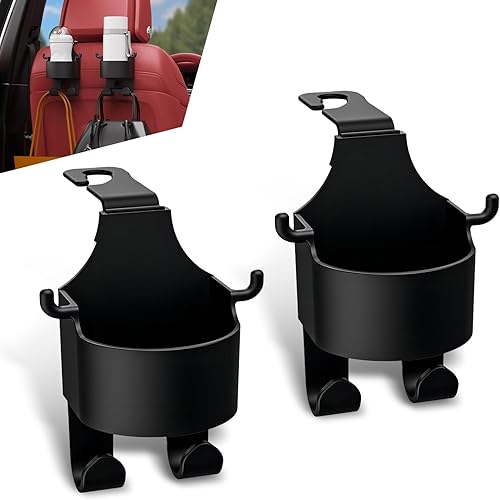 2 PCS Car Seat Headrest 3-in-1 Storage Holder, Multifunctional Cup Holder Mobile Phone Holder Hanging Organizer, Multi-Function Hook with Mounting Bracket, Universal for Cars Trucks (Black)
