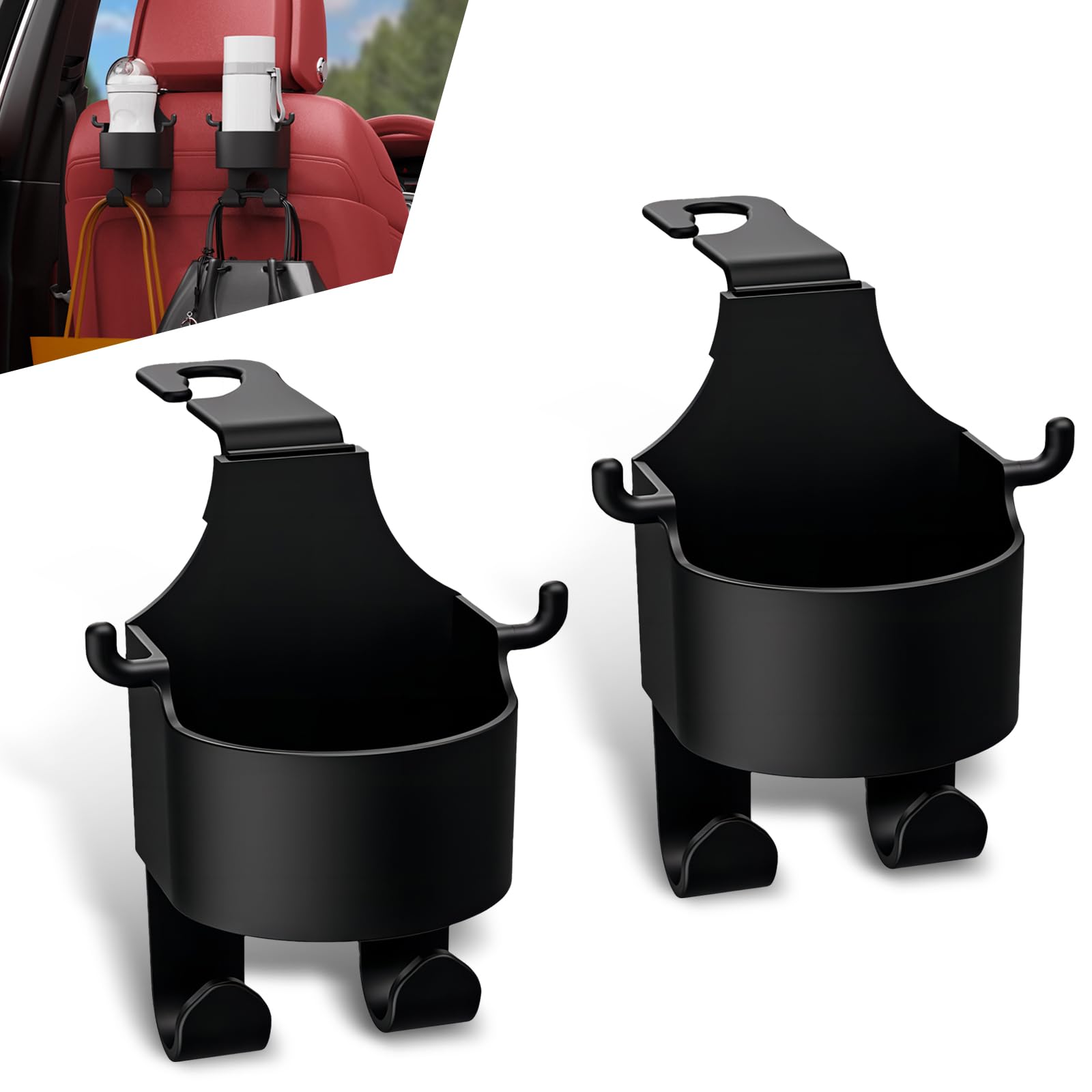 2 PCS Car Seat Headrest 3-in-1 Storage Holder, Multifunctional Cup Holder Mobile Phone Holder Hanging Organizer, Multi-Function Hook with Mounting Bracket, Universal for Cars Trucks (Black)