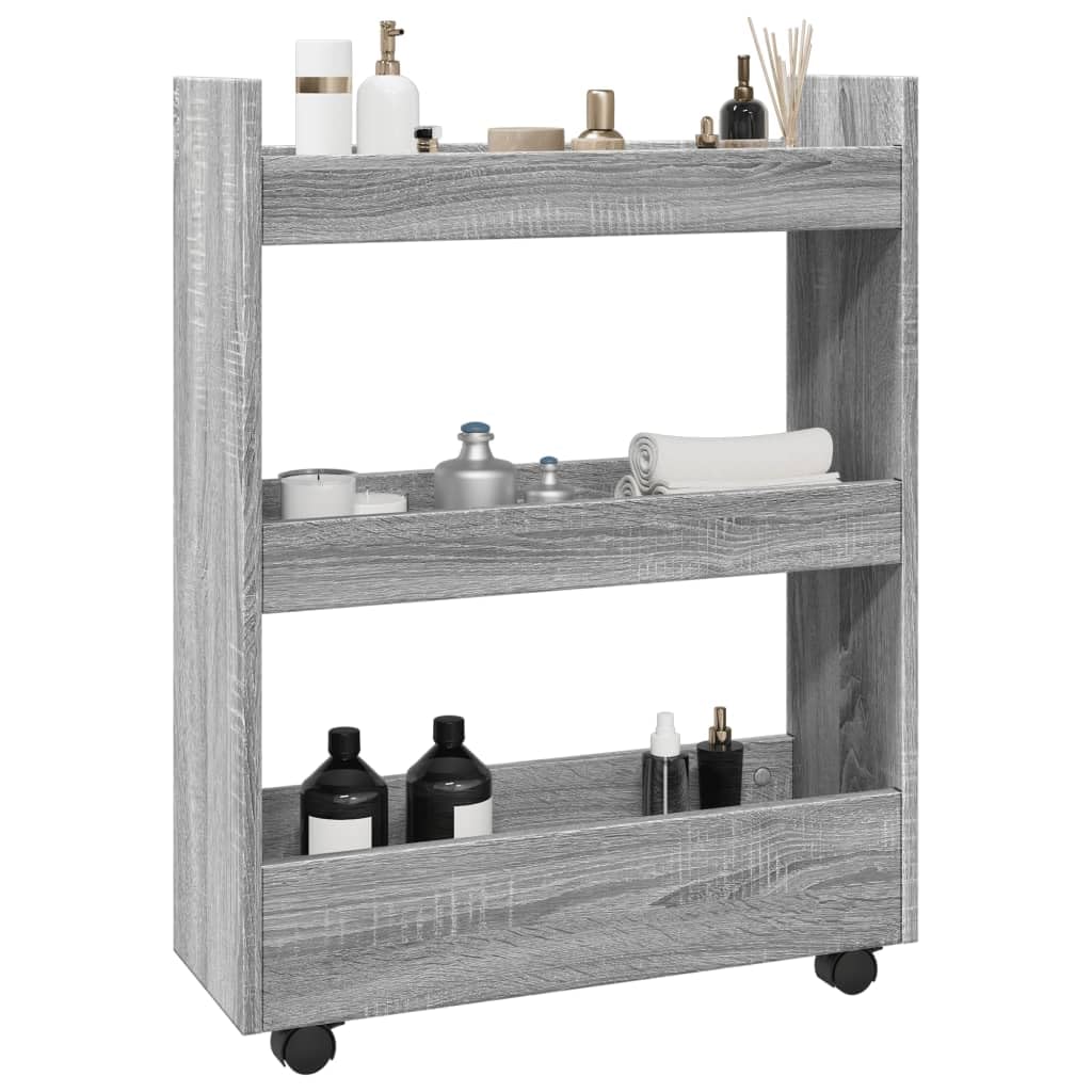 Carro de almacenamiento estrecho de 3 niveles, carrito de madera con ruedas, para cocina, baño, salón, gris, Sonoma, 60 x 22 x 80 cm