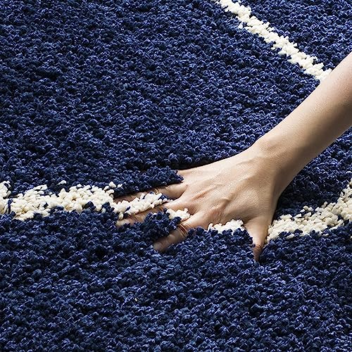Image of Handwoven Microfibre 3D Rug for Living Room (Navy Blue & Ivory Moroccan, 2 X 5 Feet (Runner), Microfibre)
