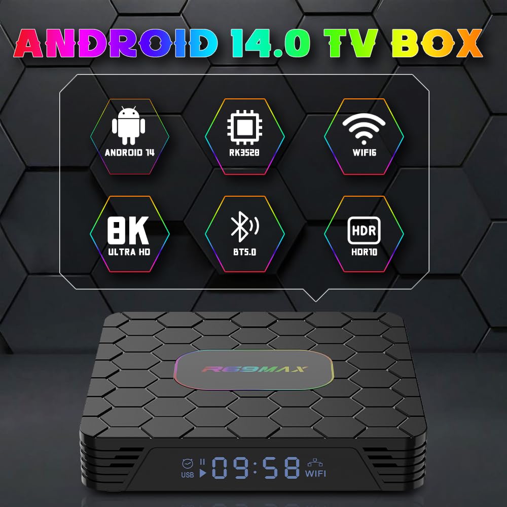 Android 14.0 TV Box, Box TV 4GB RAM 32GB ROM RK3528 Quad-Core Cortex-A53 8K Decoder, supporto 2.4G/5.0GHz Dual Wi-Fi 6 BT 5.0, USB 3.0/2.0, HDMI 2.0 Smart TV Box