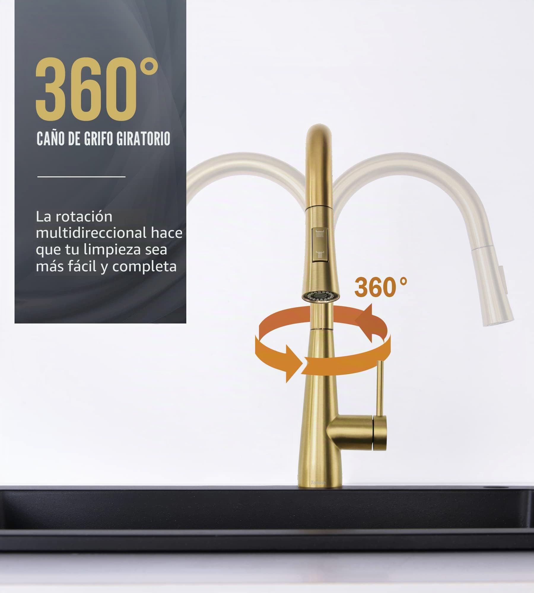 Tohlar Grifo de cocina dorado con rociador extraíble, grifo mezclador de acero inoxidable en acabado dorado cepillado