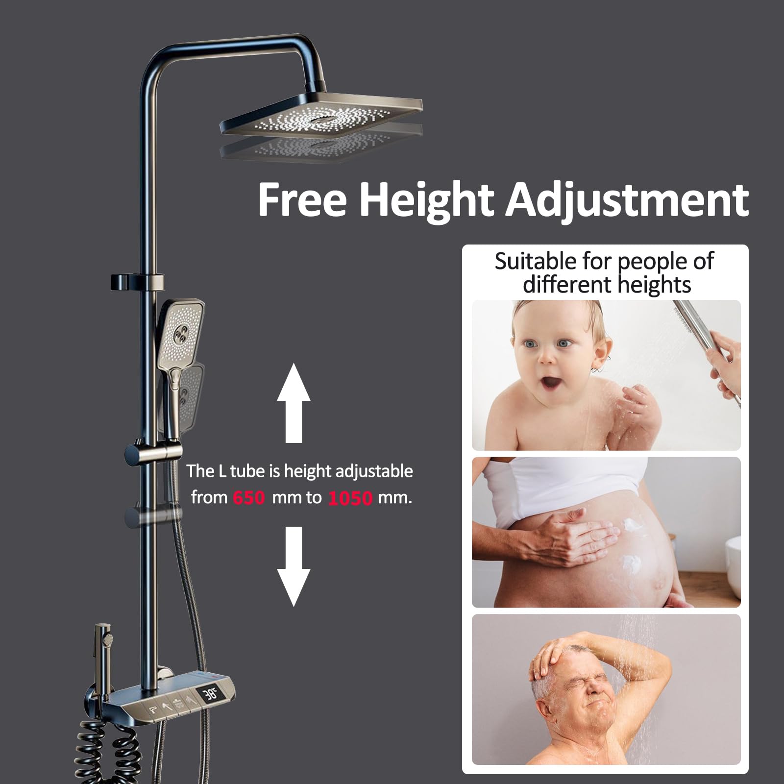 Columna de Ducha con Grifo, 4 Modos Indicación de la temperatura del agua, Columna Ducha con Rociador superior 275 * 185mm, Columna de baño Multifuncional Altura Ajustable