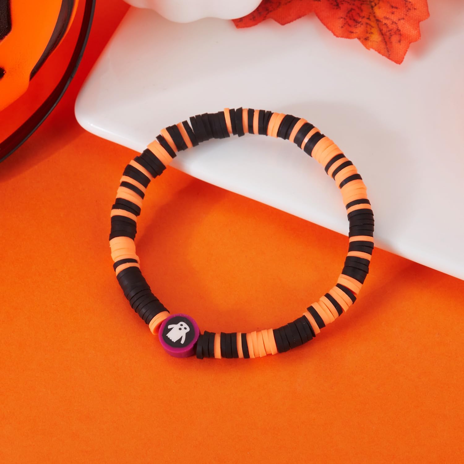 LIU JUN Halloween Bracelets Bulk For Women, 7Pcs Ghost Pumpkin Skull Skeleton Cat Charm Stackable Kit Clay Beaded Stretch Wrist Gift Jewelry - Image 7