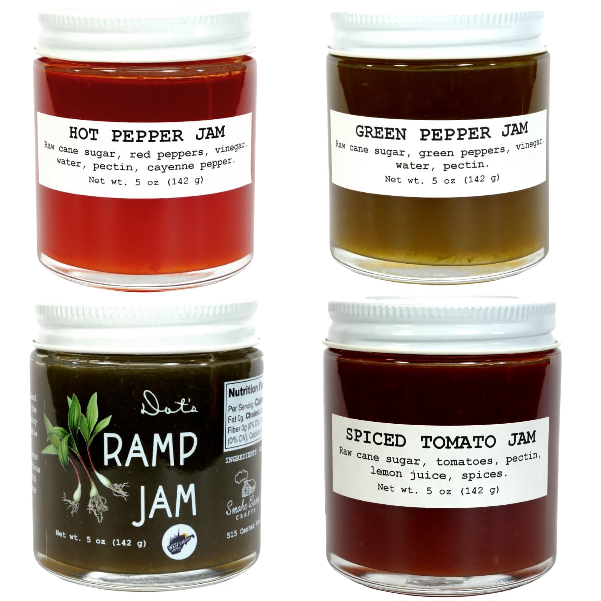 Smoke Camp Crafts Four Pack Jam & Jelly Gift Set | Savory Jam & Jelly Collection | Ramp | Spiced Tomato | Green Pepper | Hot Pepper | 4-pack 5 oz Jars