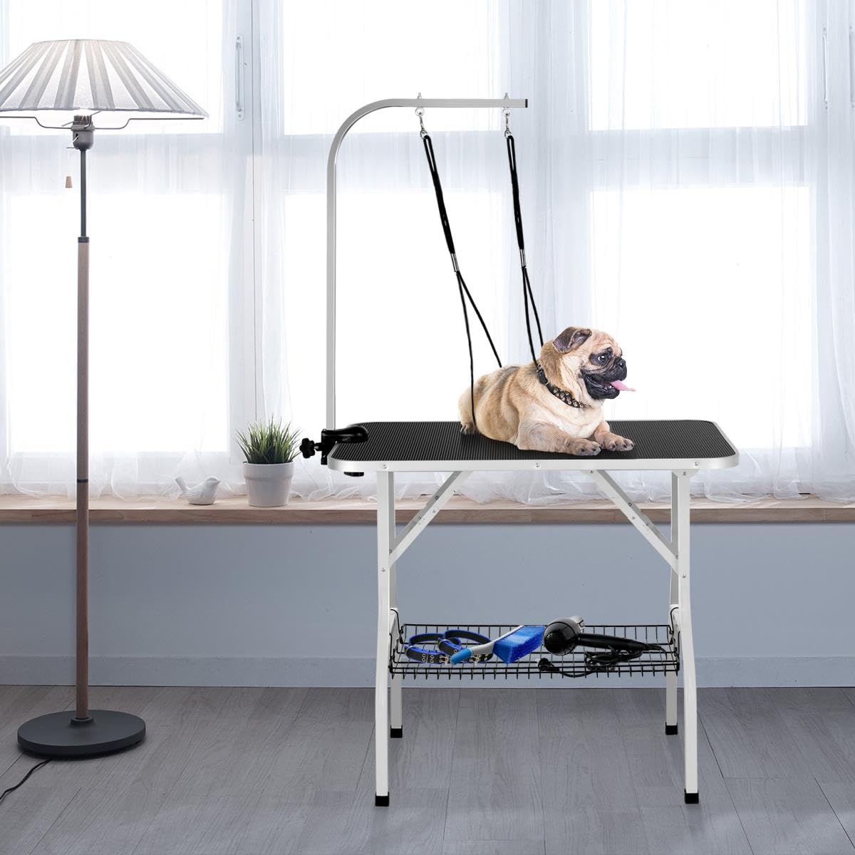Yaheetech Mesa Peluqueria Canina Mesa Aseo para Perros/Gatos/Mascotas con 2 Correas Altura Regulable Ajuntable Superficie de Trabajo Antideslizante Más Grande