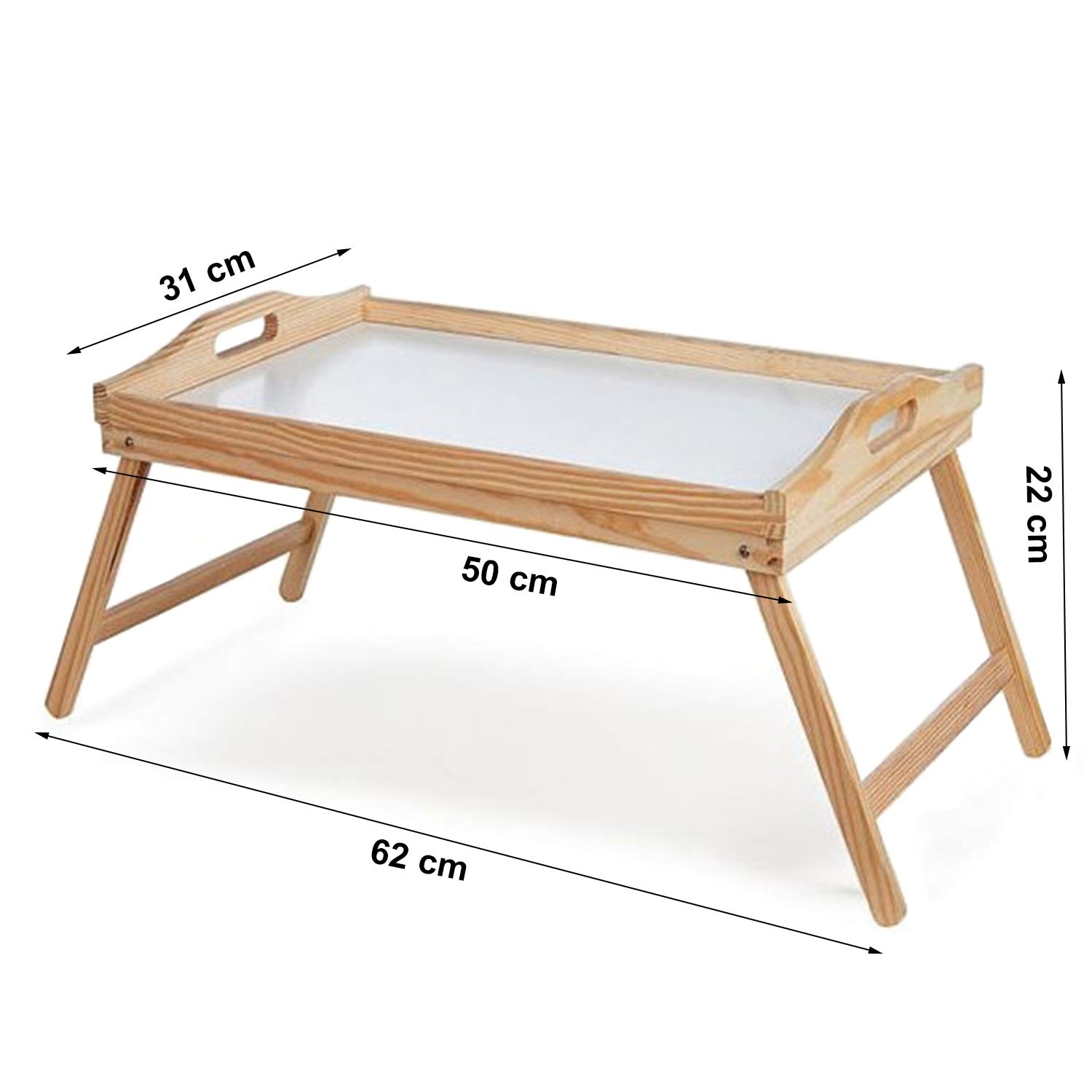 CONFORTIME Plateau lit pliable, table en bois avec poignées 50 x 30 x 22 cm avec base blanche facile à nettoyer