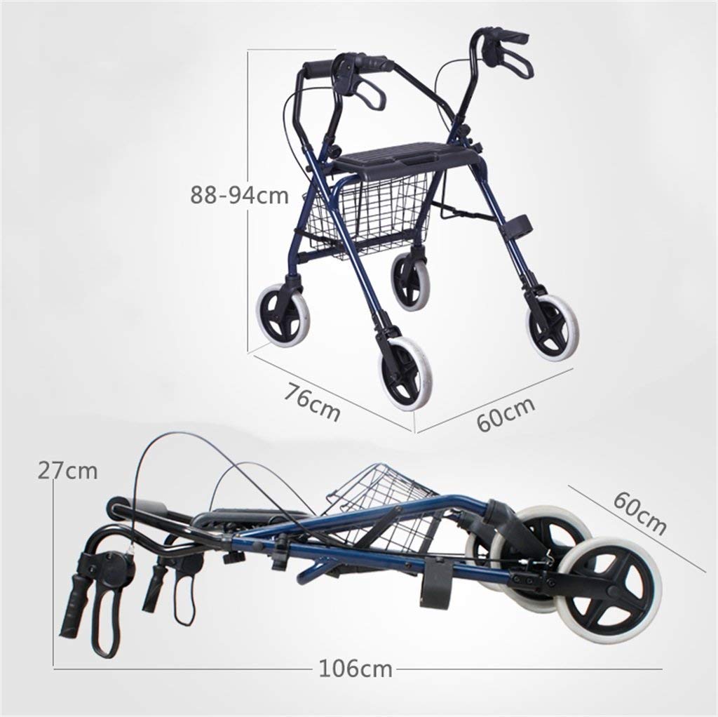 Andador plegable de aleación de aluminio, andador ligero plegable de 4 ruedas con asiento acolchado, frenos bloqueables y cesta debajo del asiento, altura ajustable, azul, carga máxima 110 kg