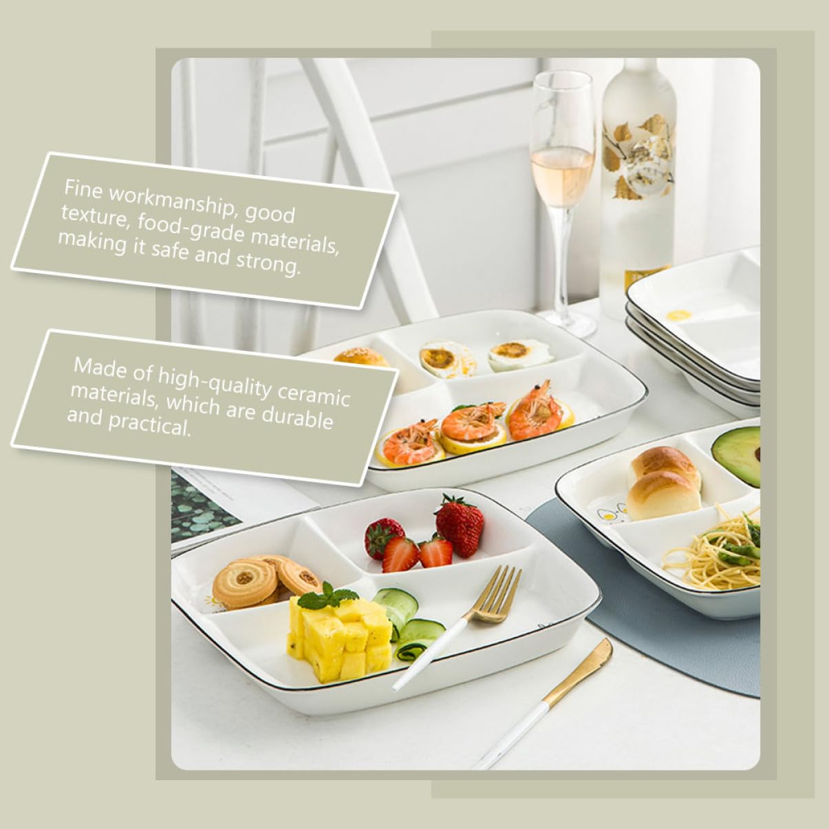 HEALLILY 1pc Ceramic Three Breakfast Plate Divided Dish for Home Kitchen Restaurant Use Easy to Clean White Dinnerware