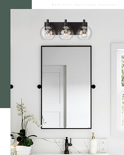 Miniatura 6 de Lámpara de baño, lámpara de tocador negra mate de 3 luces, apliques de pared modernos con pantalla de globo de vidrio transparente, luces de pared