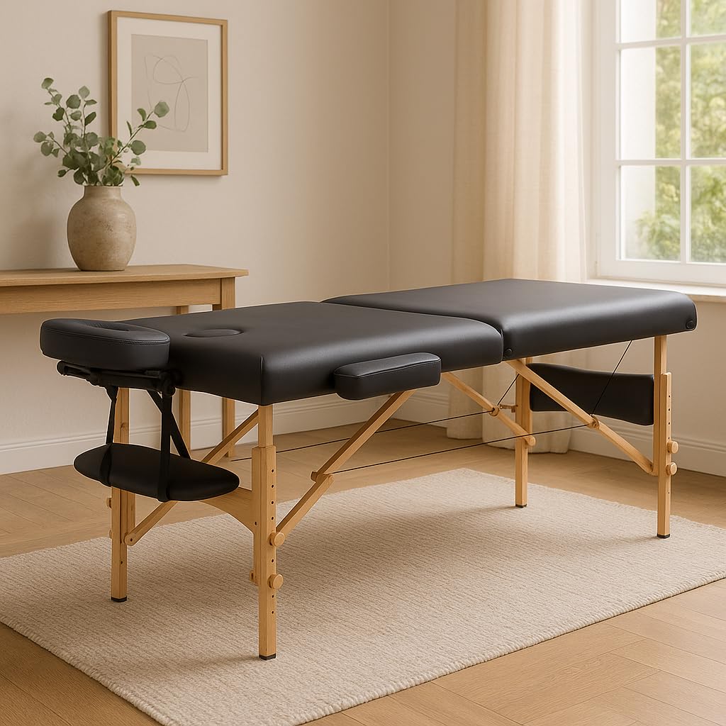 T-LOVENDO.ES Camilla de Masaje Plegable portátil Ligera Profesional | 2 cuerpos con Altura Ajustable | Acolchado Espuma Alta Densidad | Estructura Madera | Soporta hasta 200kg