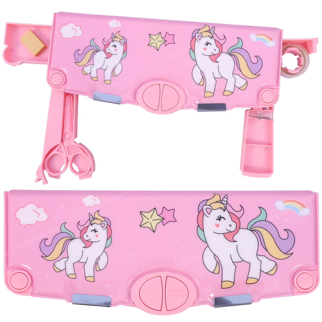 Toyshine Button Enabled Double Compartment Pencil Box, Storages And Sharpner For Kids With Tape Dispenser, Sissors - Unicorn Pink - Plastic (B0C58FR9RK) Amazon Price History, Amazon Price Tracker