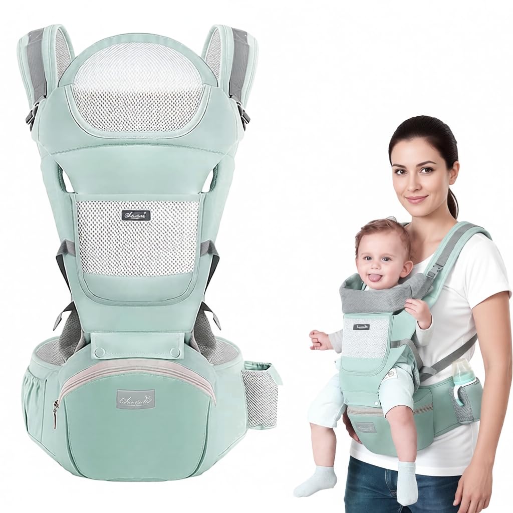 Snowie Soft 6 In 1 Green Baby Carrier With Lumbar Support For Baby With Pockets And Bib, 360 All-Position Baby Wrap Carrier Front And Back Backpack Carrier For Newborn Infant Toddler Under 30Kg-image-26