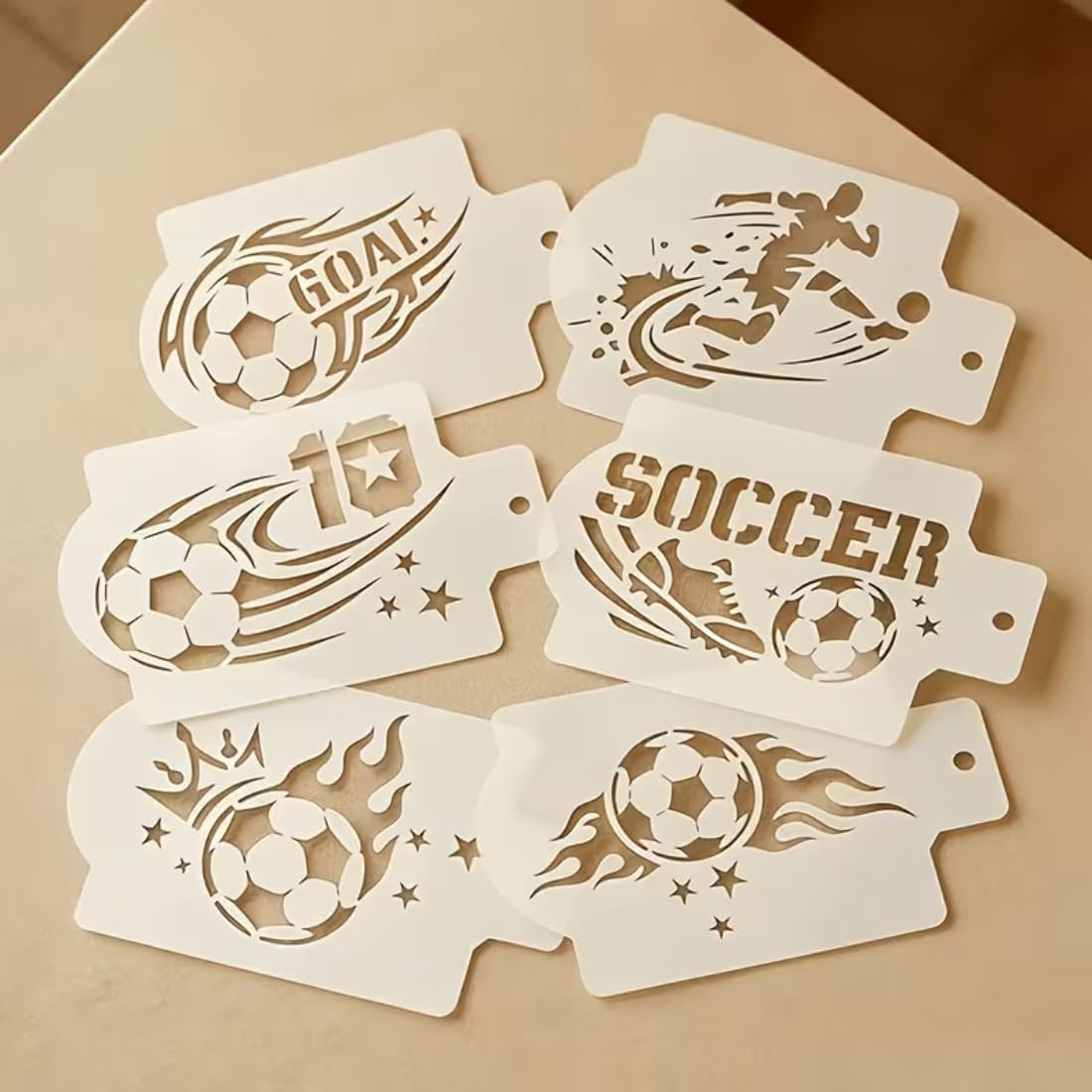 Photo 1 of 6-Pack Soccer Stencils for Baking, Reusable PET Drawing Templates with Soccer Ball, Goal & Football Theme for DIY Face Crafts, Royal Icing, Sugar Cookie Decorating, Wall Art, 3.54IN x 2.36IN