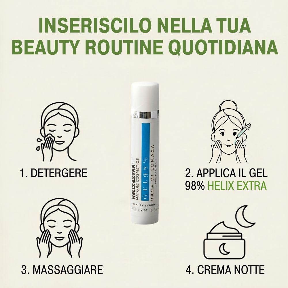 Helix Extra Gel - Siero Viso Bava di Lumaca 98% – Antirughe Antimacchie con Collagene Vitamina C e E – Idratante per Viso Collo Decolletè – Made in Italy 60ml