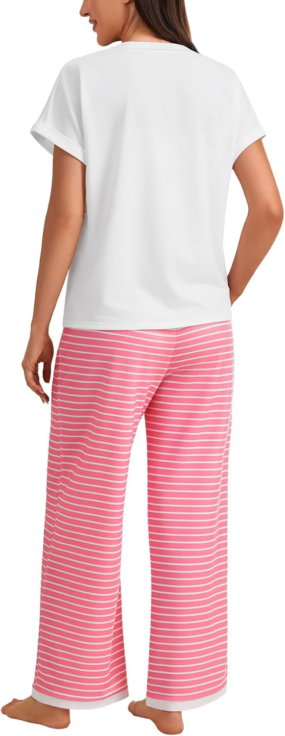 OPOIPIN Women's Striped Pajama Sets Short Sleeve Sleepwear with Pocket Nightwear - Image 5