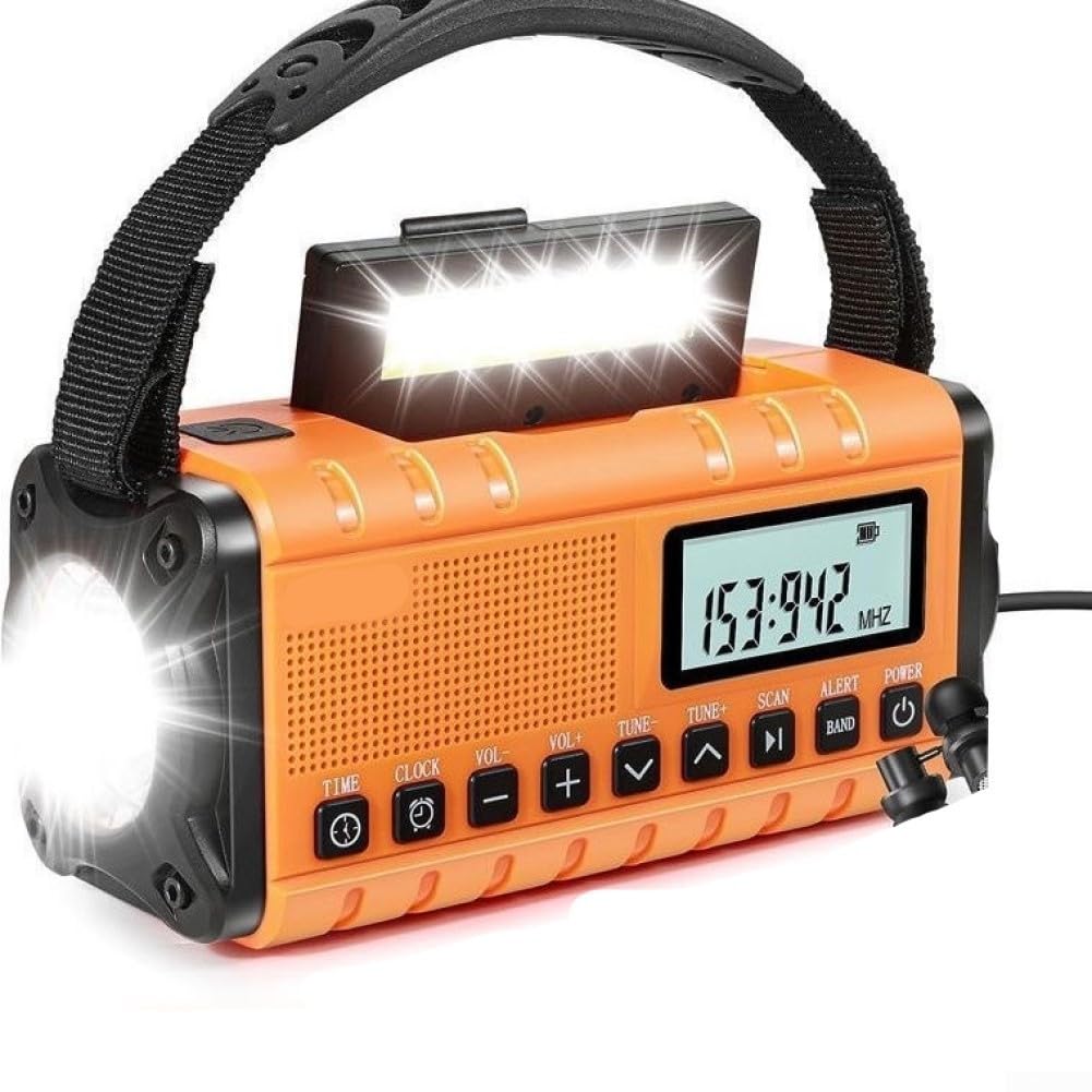 Radio météo AM/FM avec chargeur solaire à manivelle, banque d'alimentation d'urgence de 10 000 mAh avec lampe de poche et alarme pour le camping en plein air et la randonnée (orange)