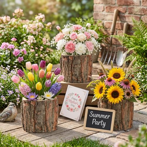 Image of Wooden Vase for Centerpieces, 6 Pack Wood Flower Vase Rustic Tree Stump Planter Pots, Wooden Bark Flower Bucket for Wedding Farmhouse Christmas Table Decor, Round Bark Stump Pots - 3.6x3.6x3 inch