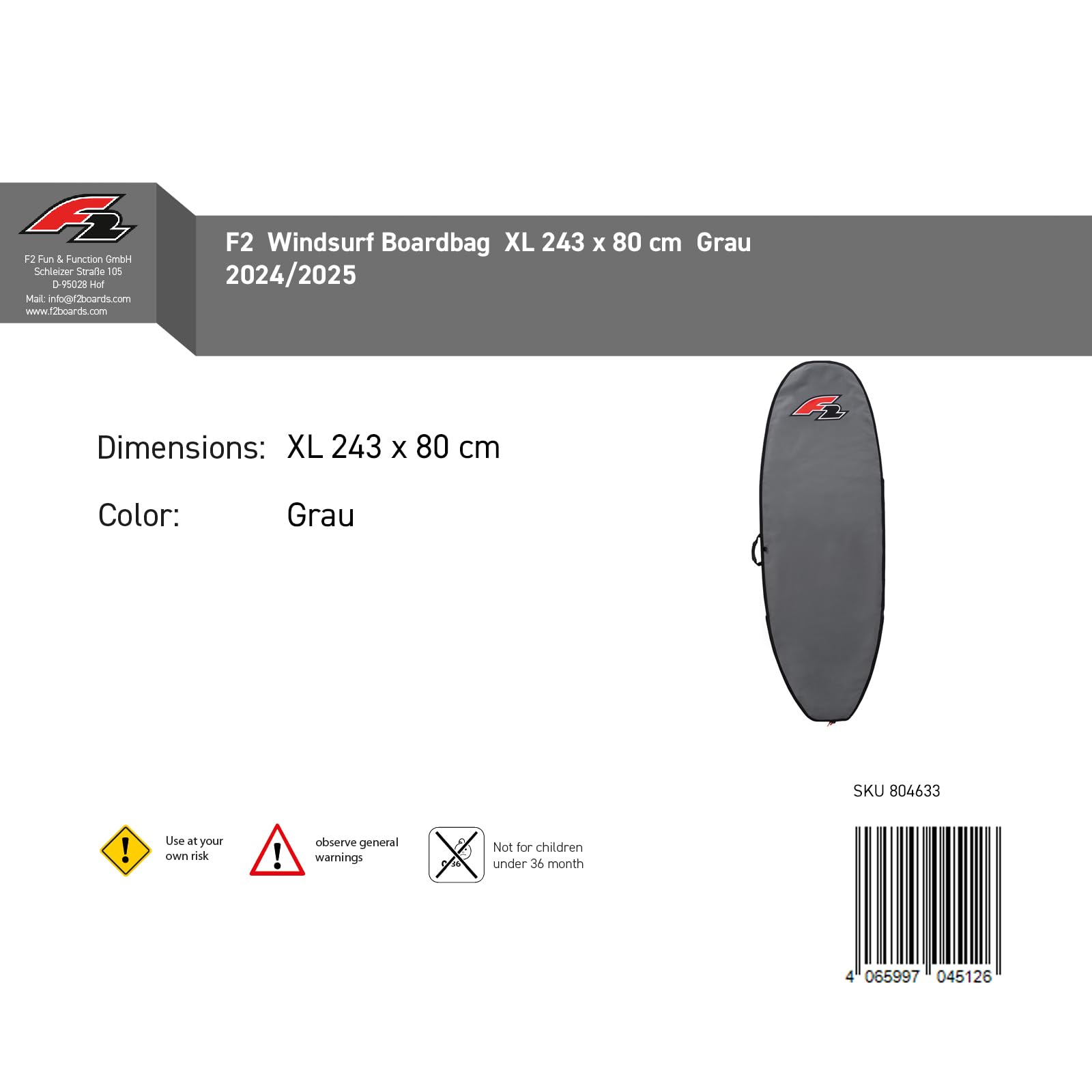 F2 Windsurf Boardbag XL 243 x 80 cm Grau 2024/2025