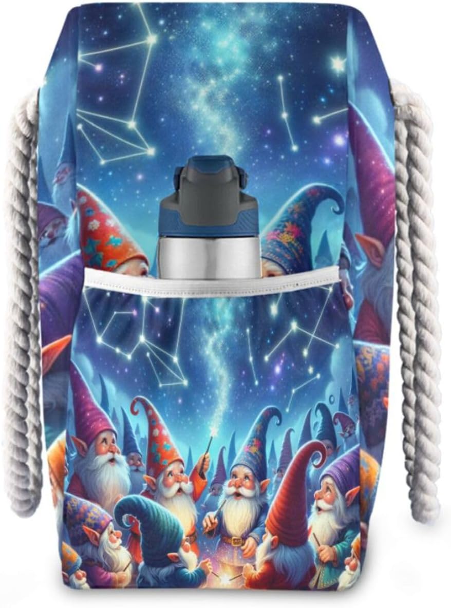OTVEE Gnomes with Stars Pattern Beach Bags for Women Ladies Large Canvas Tote Shoulder Bag Waterproof Travel Bags for Gym Swim Pool Camping