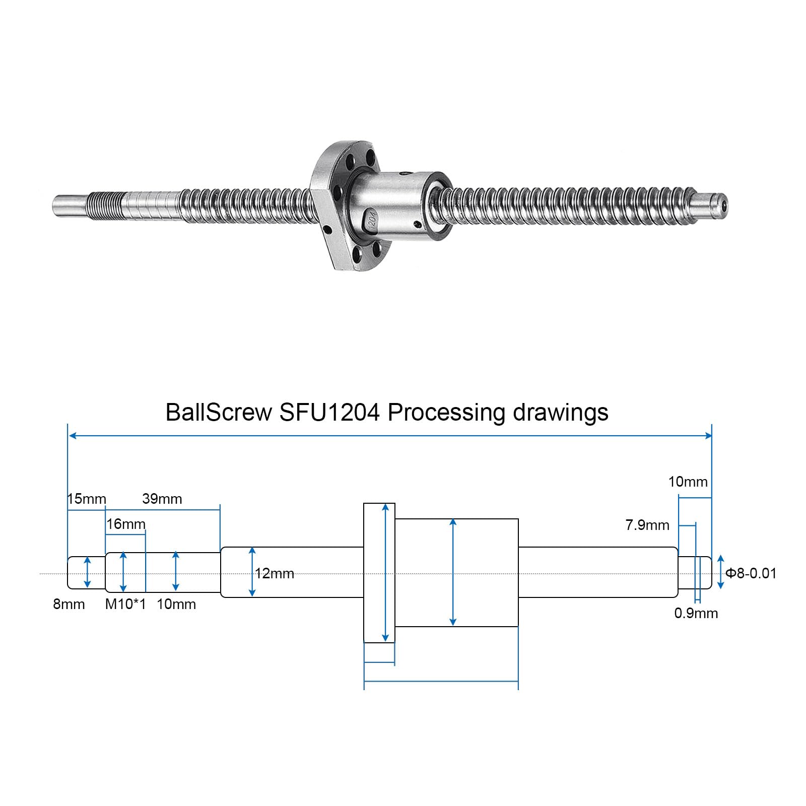 QUARKZMAN Vis à billes SFU1204 (Diamètre 12mm, Pas 4mm, Longueur 250mm) avec écrou de vis à billes Kit de vis à billes anti-jeu standard Usinage d'extrémité pour pièces de machine CNC