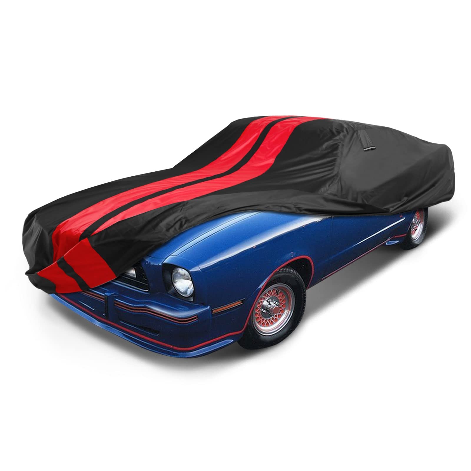 iCarCover Custom Car Cover for 1974-1978 Ford Mustang Waterproof All Weather Rain Snow UV Sun Protector Full Exterior Indoor Outdoor Car Cover (Stripe - Black/Red) Black / Red (Stripe) 43. Ford Mustang 1974-1978