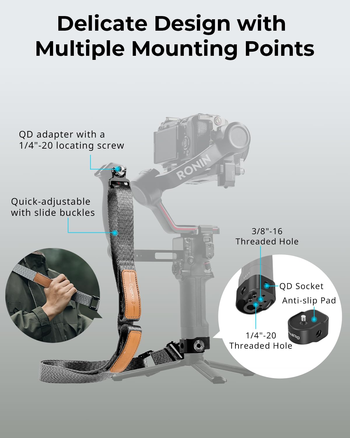 SMALLRIG Shoulder Strap Sling Handle Kit, Tracolla con Tracolla per Ridurre il Peso per DJI RS 4 / RS 4Pro/ RS 2/RS 3/RS 3 Pro, Supporto a Sgancio Rapido QD, Ergonomico Progettazione - 4383