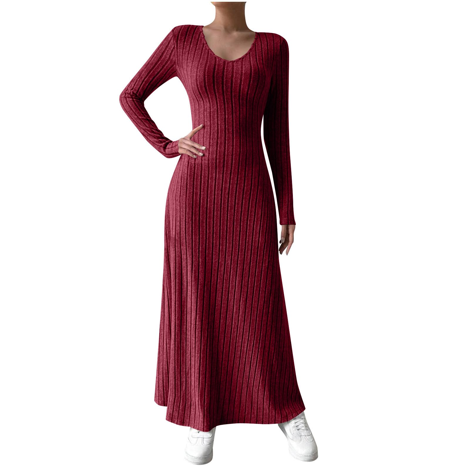 Jumper Dress for Women Long Sleeve Crew Neck Knitted Dress Ladies Elegant A-Line Autumn Winter Sweater Dresses Loungewear Bodycon Ribbed Knit Slim Fit Maxi Dresses Soft Comfy Nightgowns