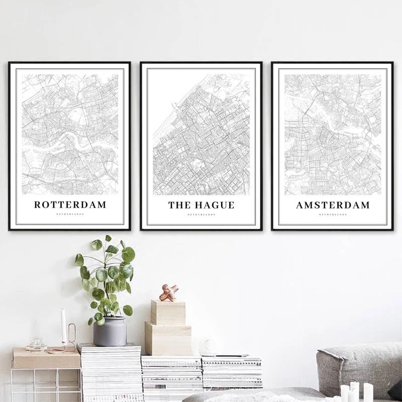 SHINERING Netherlands Map Poster Prints Rotterdam The Hague Amsterdam City Maps 3 Pieces Canvas Painting Office Wall Art Room Decor 21Cmx30Cmx3Pcs No Frame