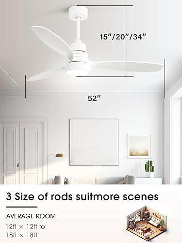 Miniatura 3 de Sofucor Ventilador de techo de 52 pulgadas con control remoto de luces, 3 postes para ventilador de techo interior y exterior con control remoto,