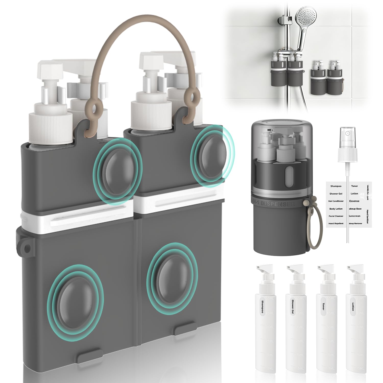 4 in 1 Travel Dispenser Bottle, Travel Toiletry Bottles with Suction Cups