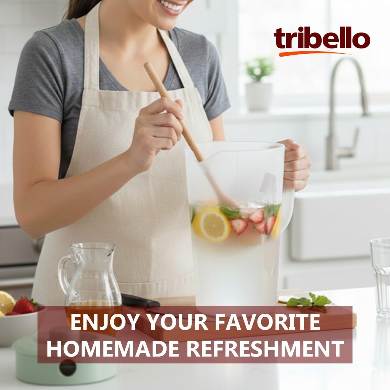 Tribello Water Pitcher with Lid 1 Gallon – Clear Round Plastic Pitcher Ice Tea & Juice Jug – Freezer & Dishwasher Safe, BPA & Phthalate Free – Sage Green - Image 7