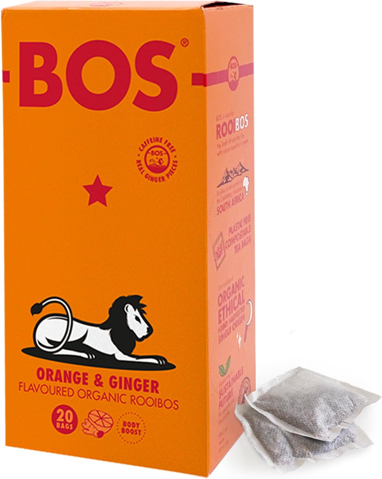 – BOS Organic Orange Flavoured With Ginger Pieces Caffeine Free Rooibos Tea Bags Carton, Spicy & Citrusy Blend, 50 g, 20 Teabags (Pack of 1)
