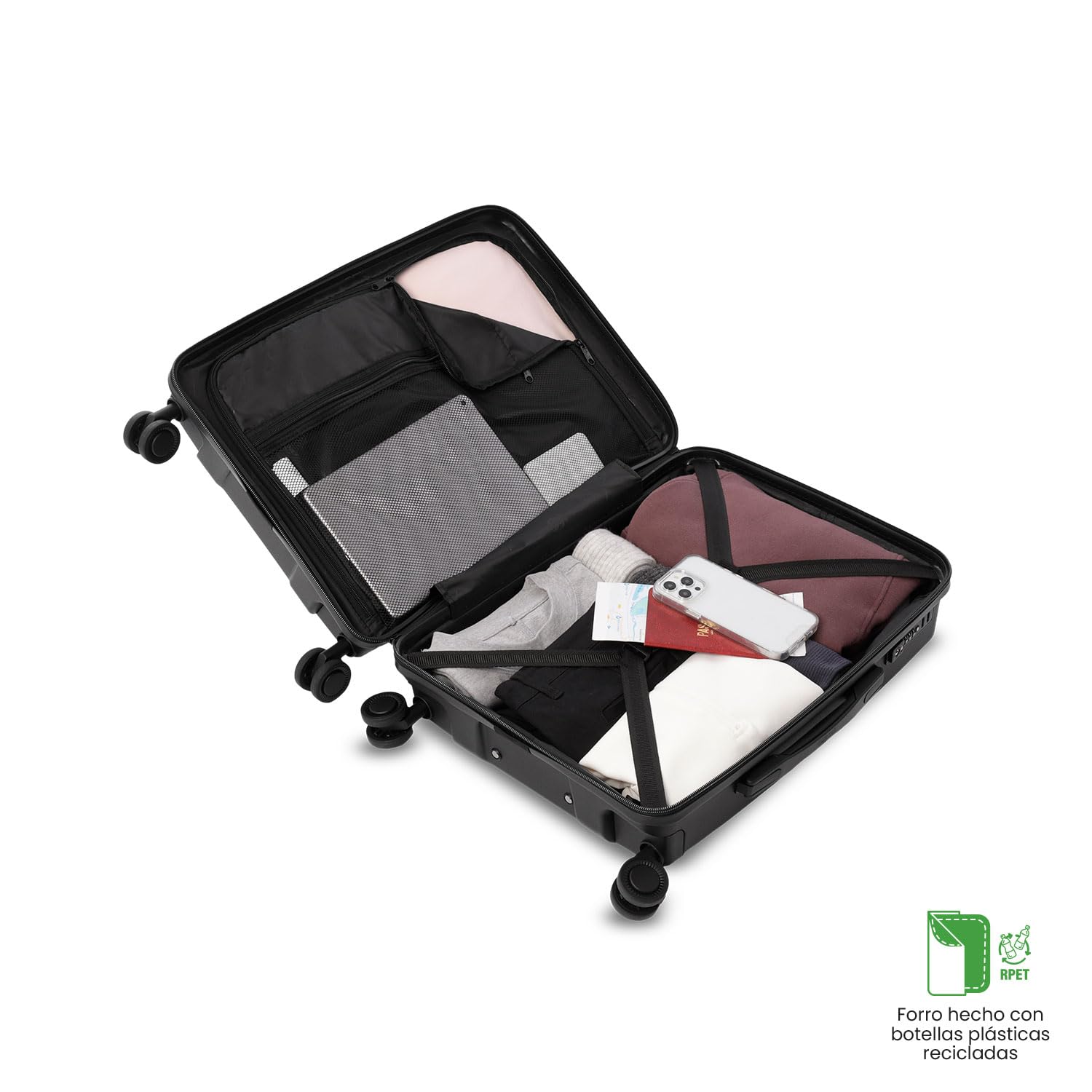 TOTTO - Maleta Cabina Real Madrid, 35.5 x 47 x 21.5 cm, Capacidad 35L, Maleta de Viaje rígida Resistente a Impactos, Ruedas 360º, Manija Telescópica, Correas Internas, Candado 3 Dígitos, Color Negro