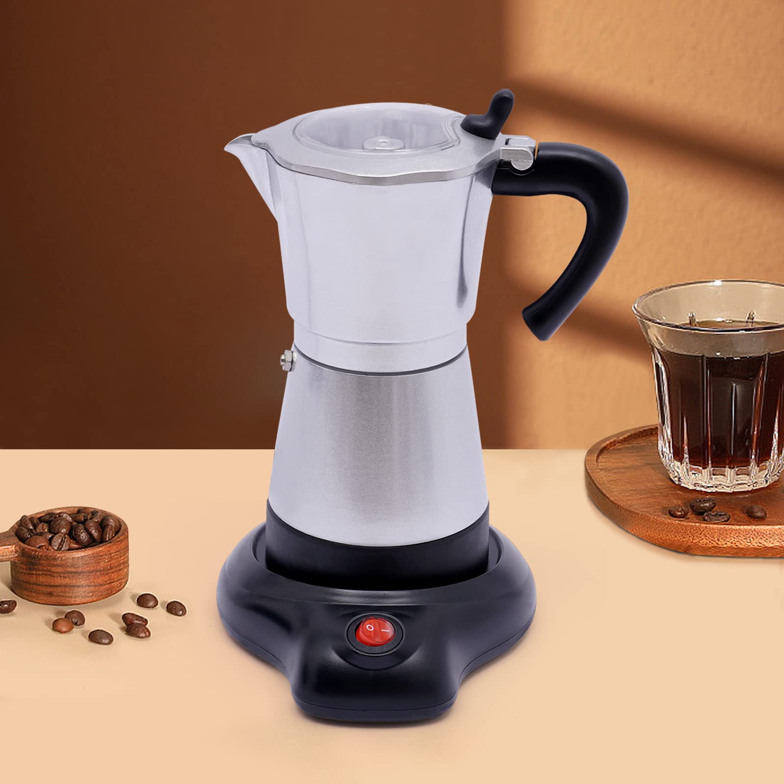 Cafetera eléctrica de 480 W, cafetera italiana con 2,5 bares de presión, cafetera de 300 ml para espresso, cafetera de camping con válvula de seguridad para estufa y camping, color plateado