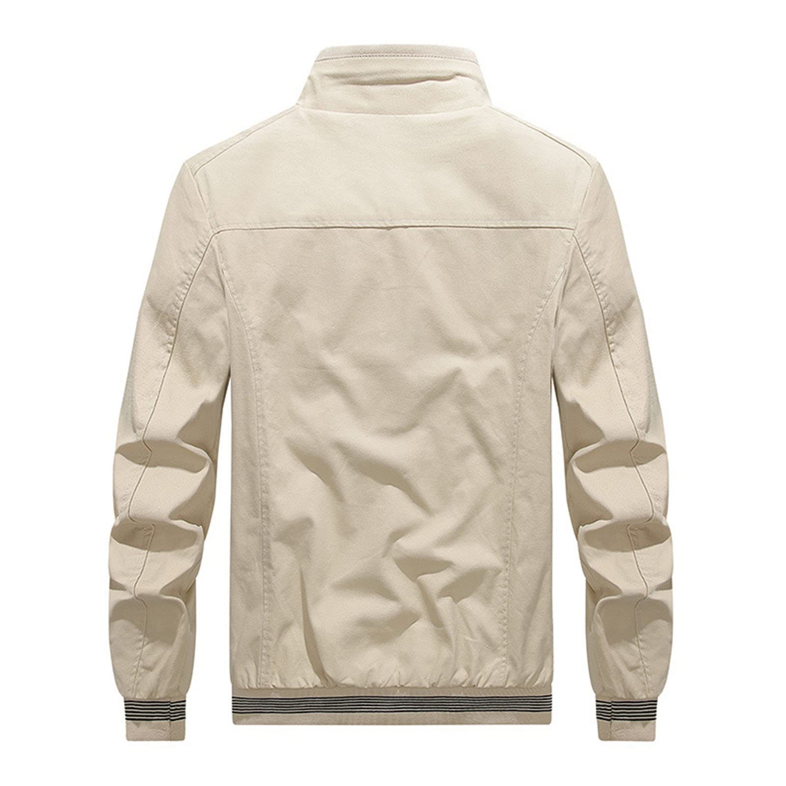 Maiyifu-GJ Men's Casual Zipper Stand Collar Jacket Lightweight Cotton Full Zip Coat Slim Fit Vintage Winter Warm Jackets (Light Khaki,Large)