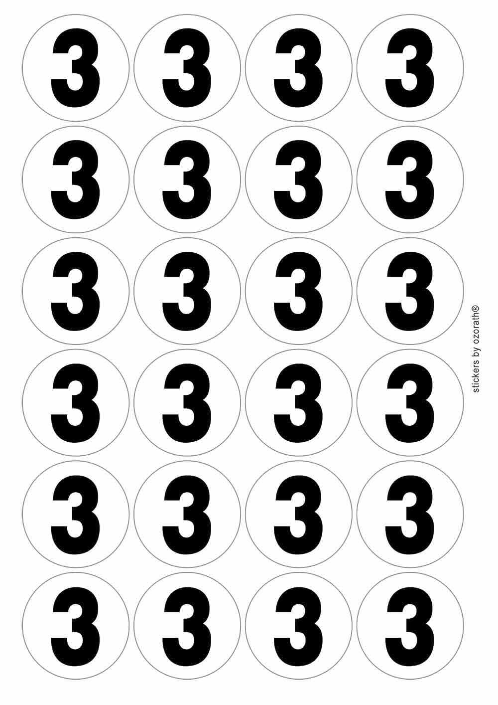 Plain Number 3 Three Circular Matt Paper Stickers A4 Sheet of 24 (Each Sticker is 45mm Diameter)