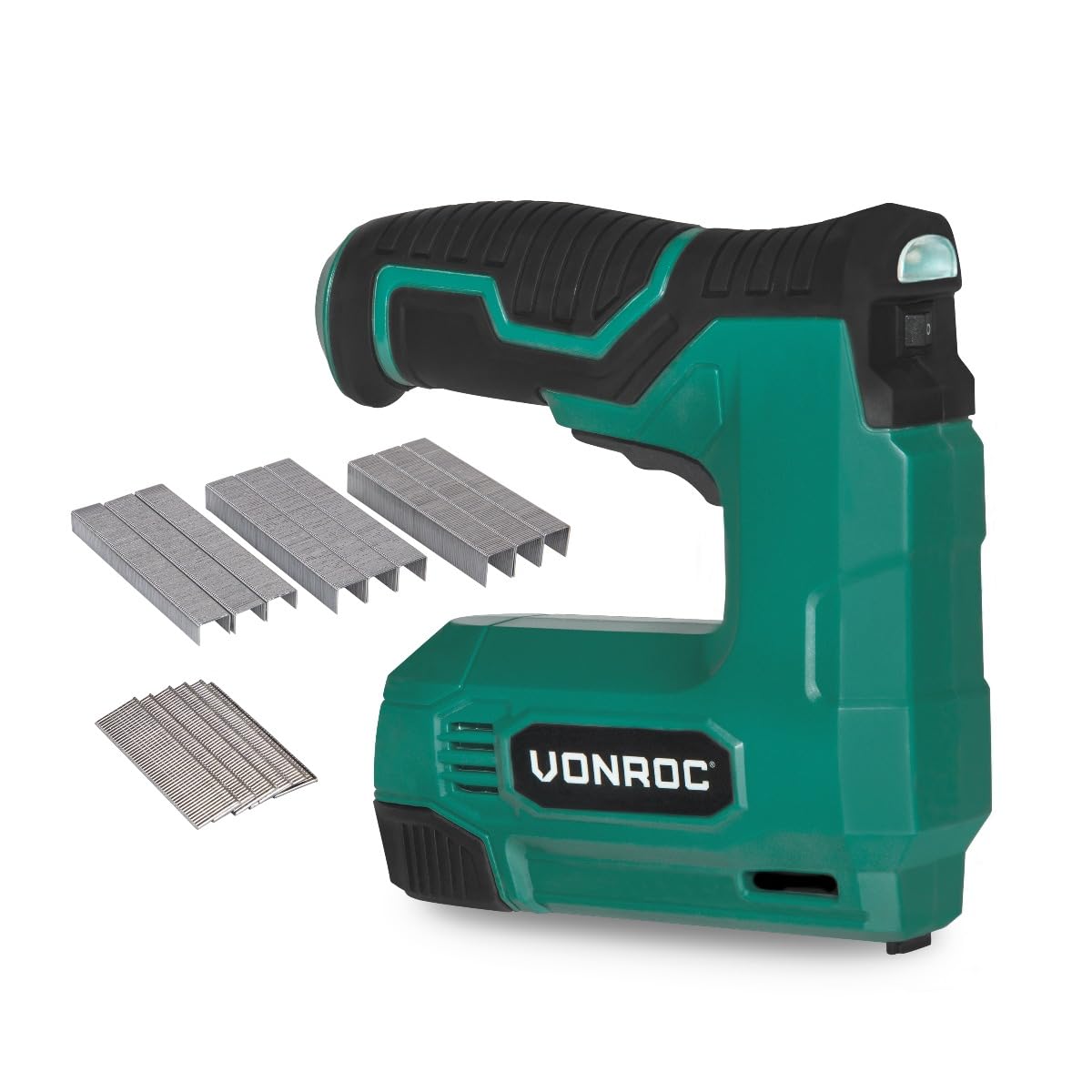 Graffatrice e chiodatrice a batteria VONROC - 900 graffe e 300 chiodi - Ideale per fissare tappeti, fili, battiscopa, rivestimenti di mobili in tessuto o pelle - Graffatrice a batteria da 4V