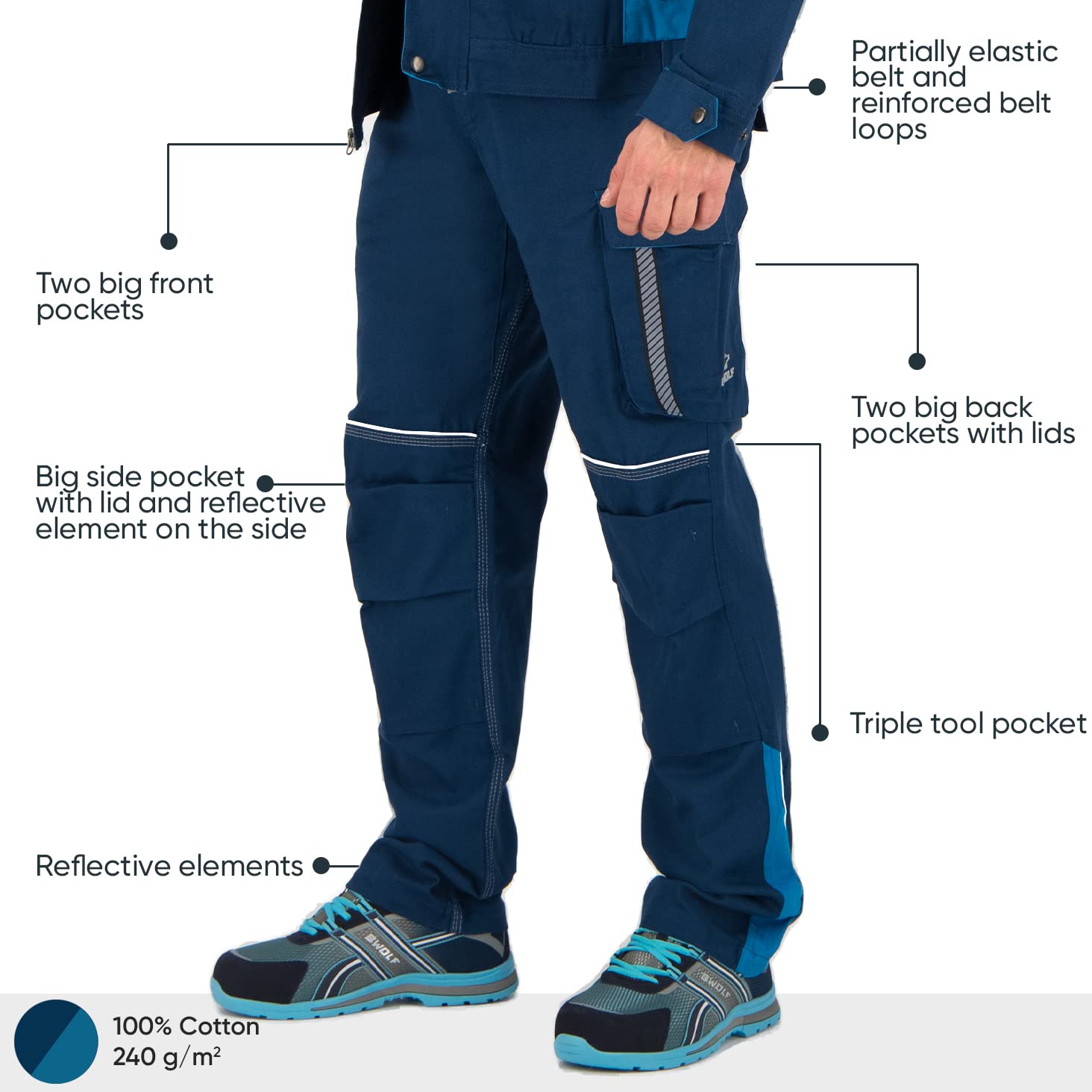 BWOLF Raptor 100% Baumwolle Arbeitshosen Männer Arbeitshose Herren Arbeitshose mit Multifunktionalenn Taschen, Kniepolster-Taschen, Reflektierenden Streifen