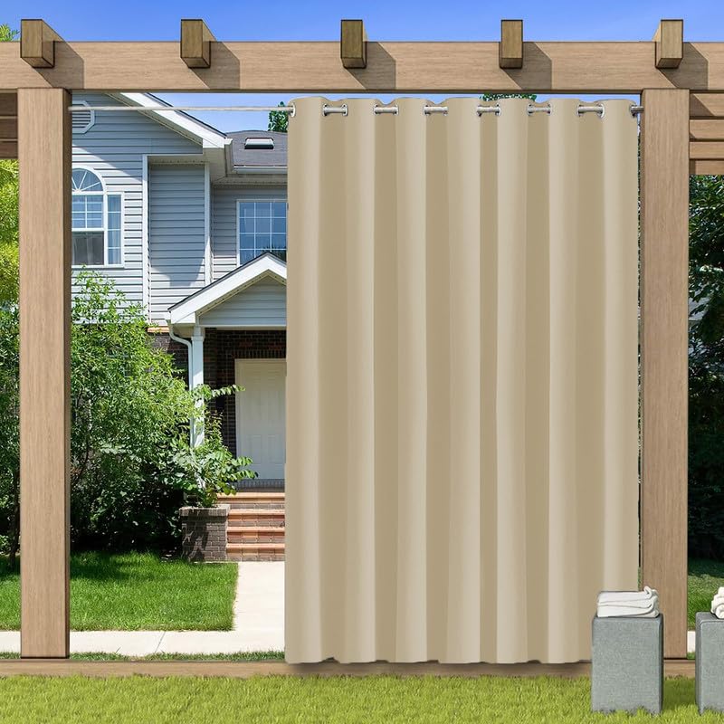 Indoor Outdoor Blackout Curtain, Thermal Insulated Waterproof Outdoor Curtains for Patio Gazebo Pergola, Privacy Protection Room Divider Curtain for Bedroom, 1 Panel, W100"xH84", Biscotti Beige