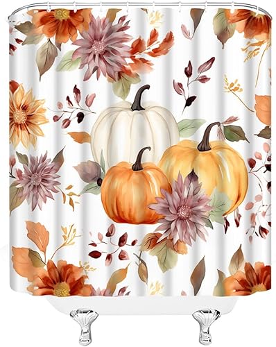 Miniatura 3 de Cortina de ducha de calabaza bohemia con acuarela, hojas florales, rústico, otoño, cosecha, granja, temporada, decoración de baño, juegos de baño