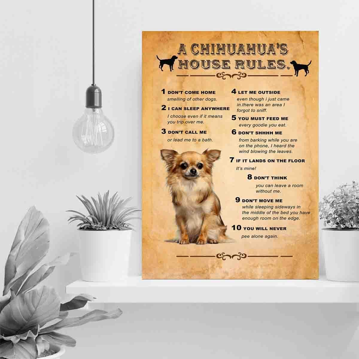 STRRAW The chihuahua's house rules,Chihuahua Wall Art House Rules Poster Vintage Canvas Animal Wall Art For Bedroom Decorations for Dog Lover Wall Art Decoration Plaque Poster,16"x20" with frame