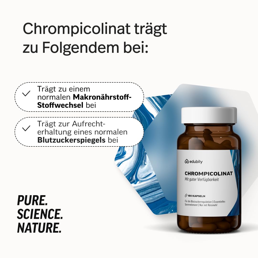 edubily® Chrom Picolinat Kapseln - 60 µg Chrompicolinat pro Kapsel - Vegan - Laborgeprüft - Im Braunglas (180 Kapseln)